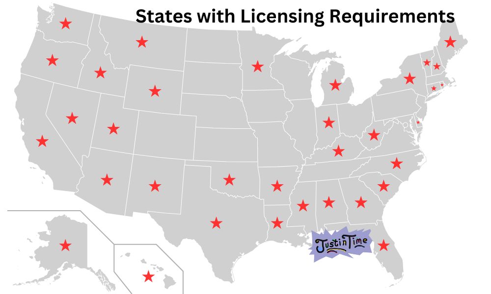 States with Insurance Claims Adjuster Licensing Requirements: Map of the united states with red stars