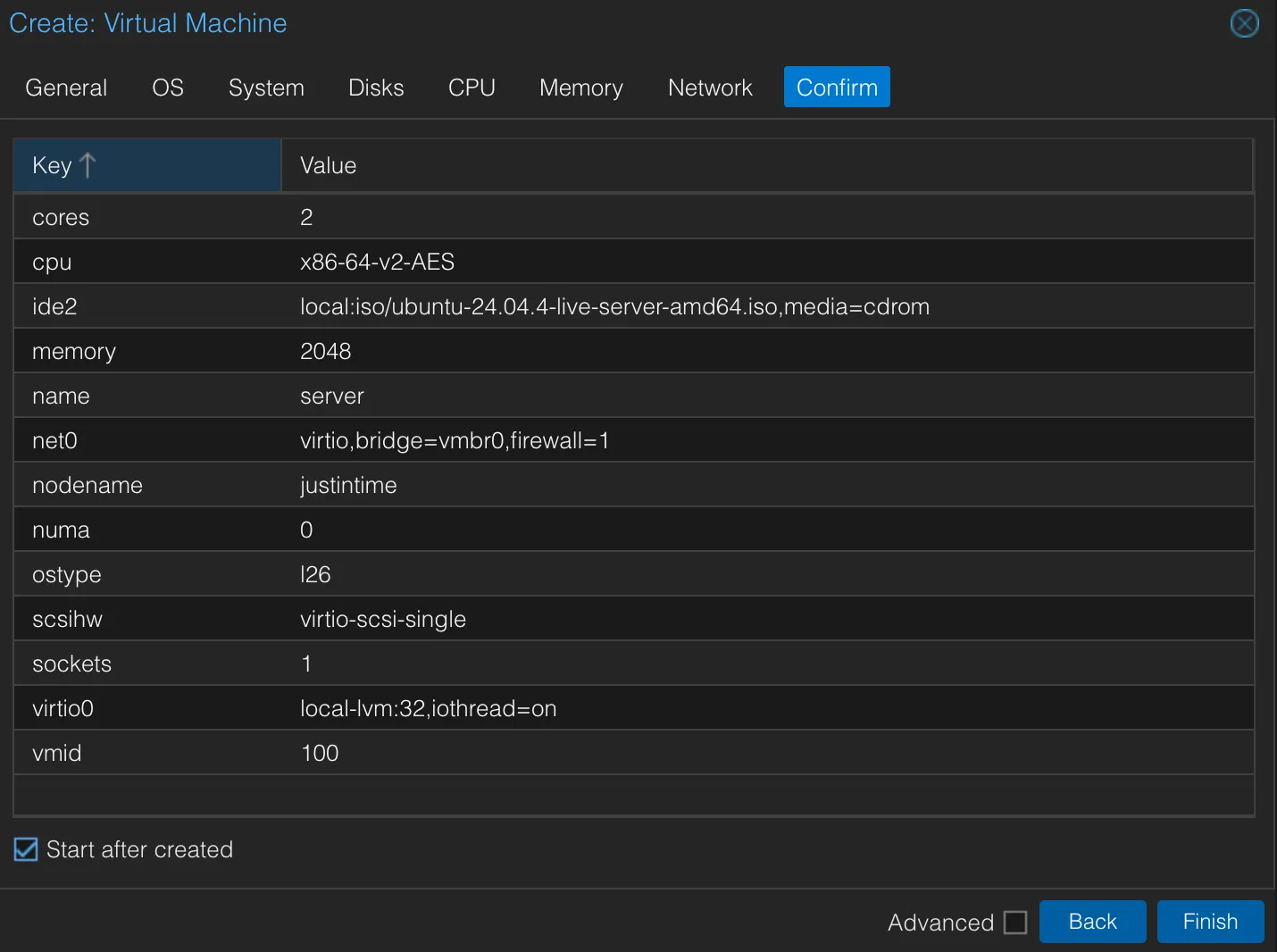 Confirm and Start the Ubuntu VM on Proxmox